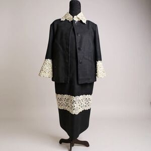 🖤 VINTAGE Peggy Jennings Couture Dress & Jacket Set M/L •Black &Cream Elegant ✨